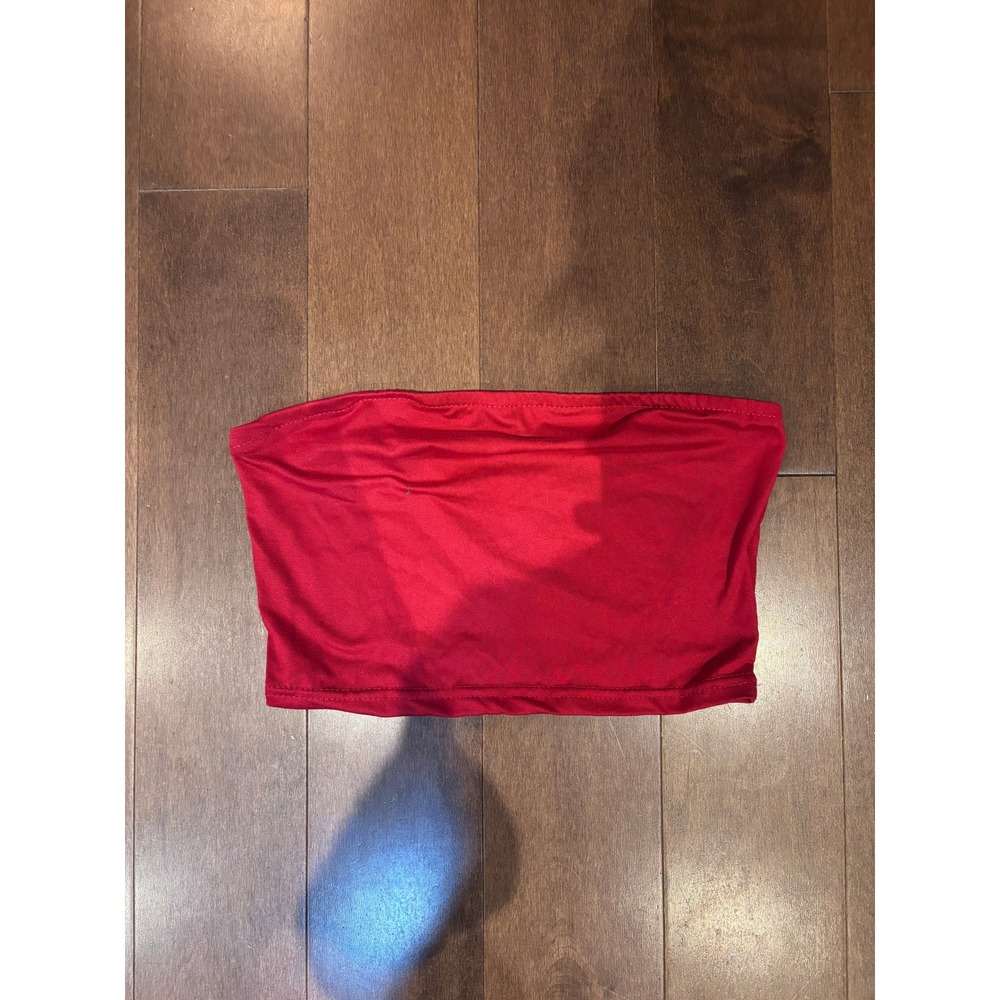 Womens Red Strapless Tube Top Stretchy Cropped Boob Top Solid Minimalist